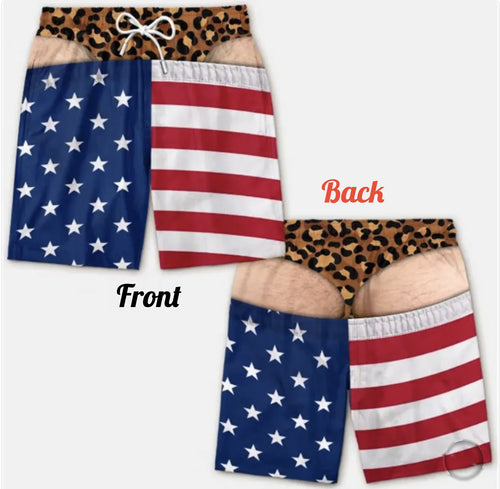 Trunk Junkie swim trunks, Stars and Stripes print with leopard waistband, front and back