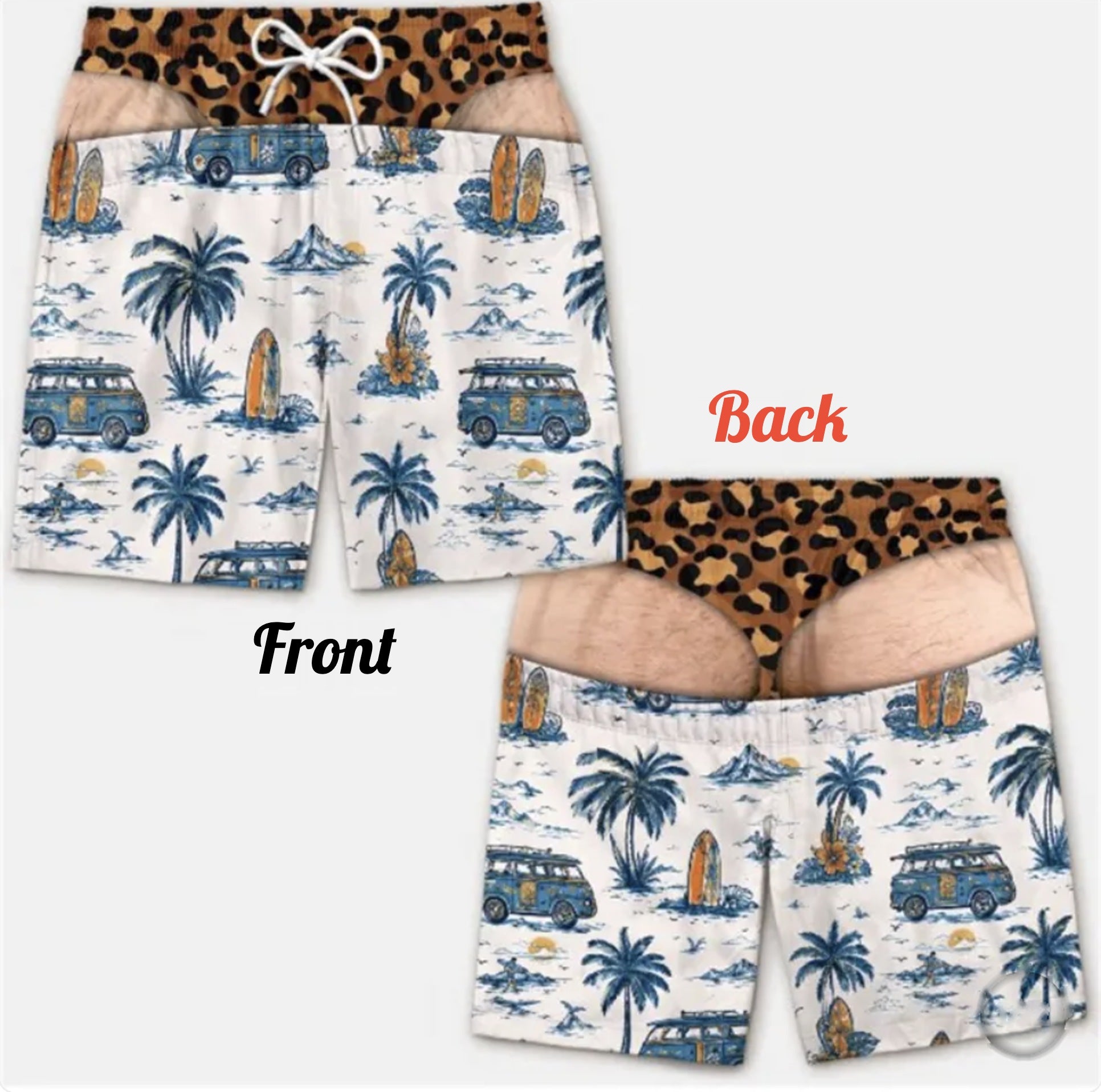 Trunk Junkie swim trunks, Surf Van print with leopard waistband, front and back